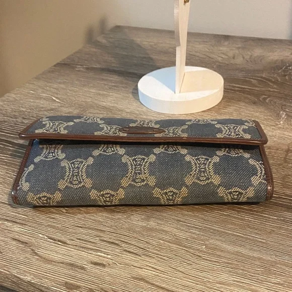 Celine Vintage Macadam Blue Denim Brown Leather Trim Wallet 7.25x4 EUC - Picture 6 of 15